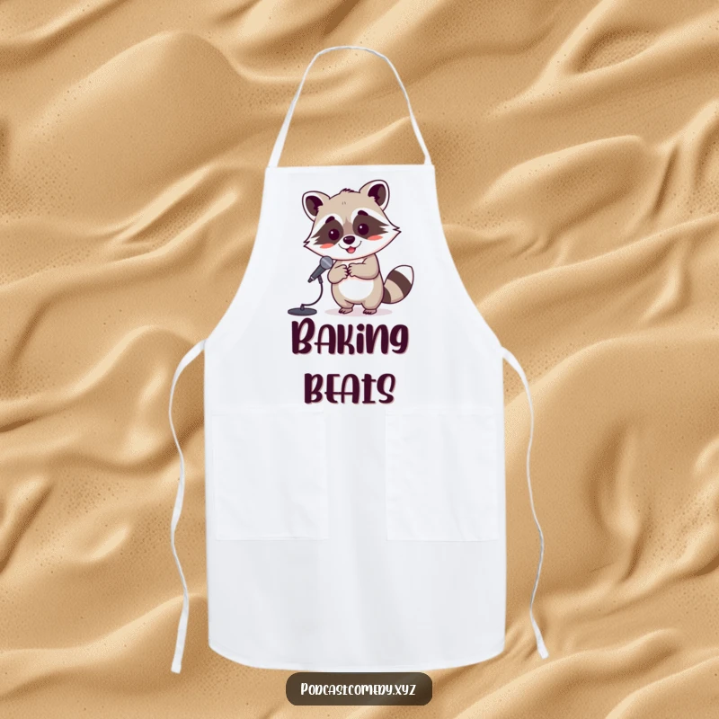 Funny Kawaii Raccoon Apron: Playful raccoon with a tiny microphone stand, perfect for kitchen performances. Fun and practical.