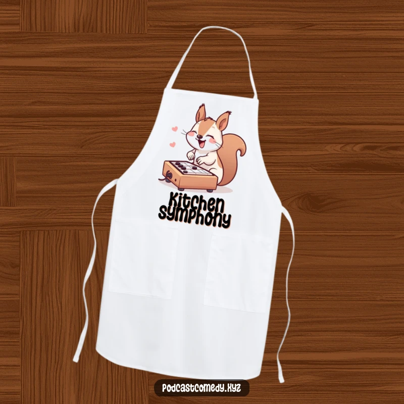 Funny Kawaii Squirrel Apron: Giggling squirrel joyfully tapping a soundboard, perfect for kitchen mixing. Fun and practical.