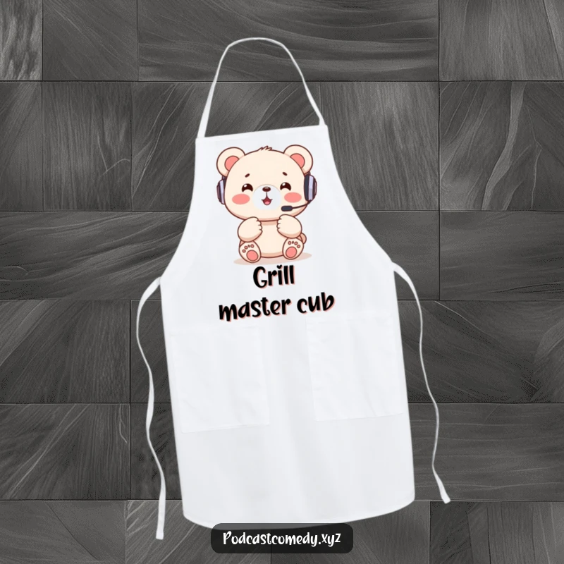 Funny Kawaii Bear Apron: Happy bear cub with headset, excitedly gesturing, perfect for kitchen gaming sessions. Fun and practical.