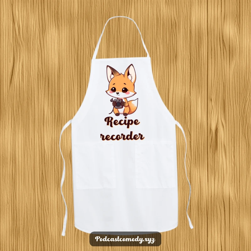 Funny Kawaii Fox Apron: Curious fox holding a recorder, perfect for exploring recipes. Fun and practical.