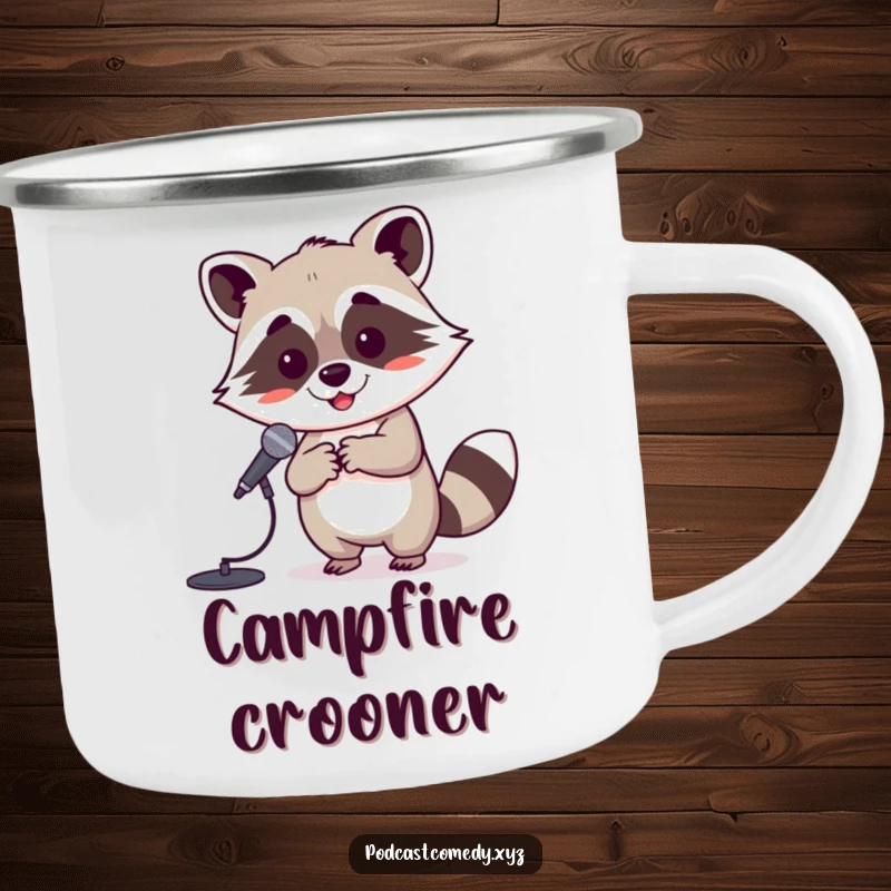Funny Kawaii Raccoon Camping Mug: Playful raccoon with a mic stand, ready for outdoor singing adventures. Durable and cute.