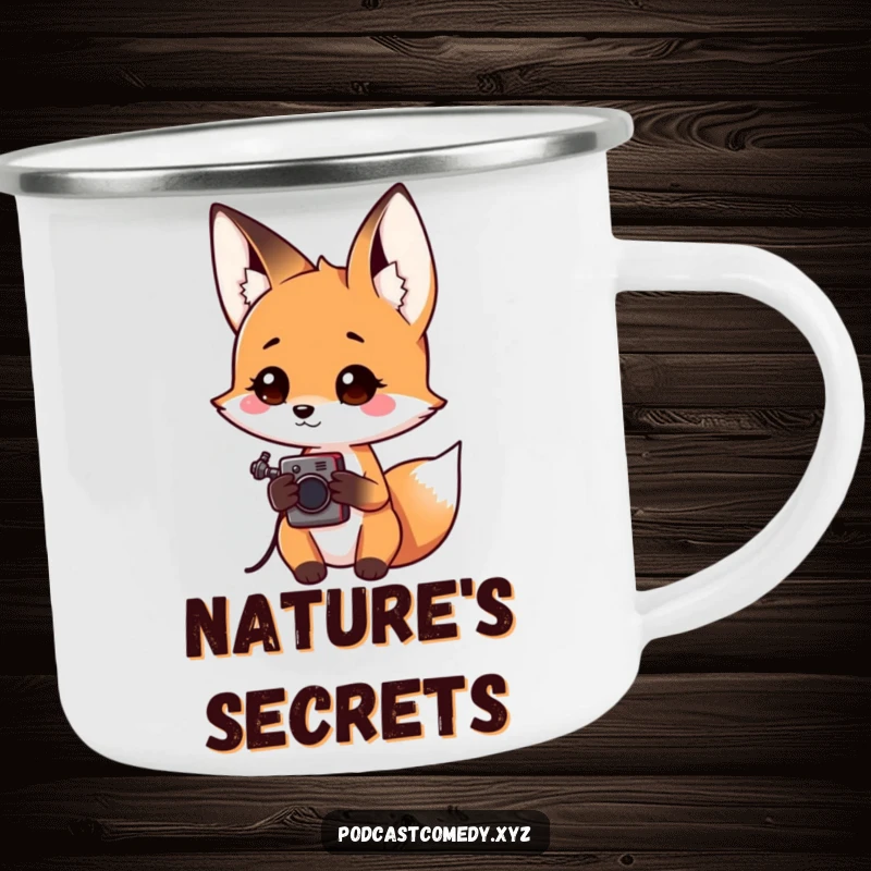 Funny Kawaii Fox Camping Mug: Curious fox holding a recorder, ready for outdoor recording adventures. Durable and cute.