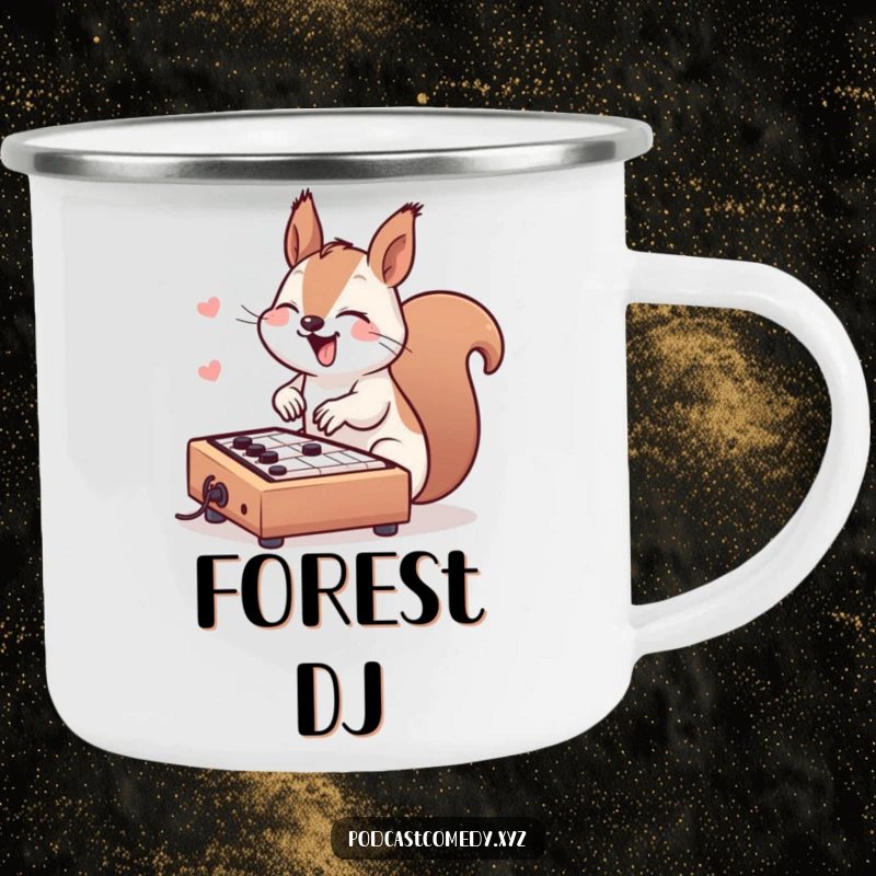 Funny Kawaii Squirrel Camping Mug: Giggling squirrel tapping a soundboard, ready for outdoor music mixing adventures.