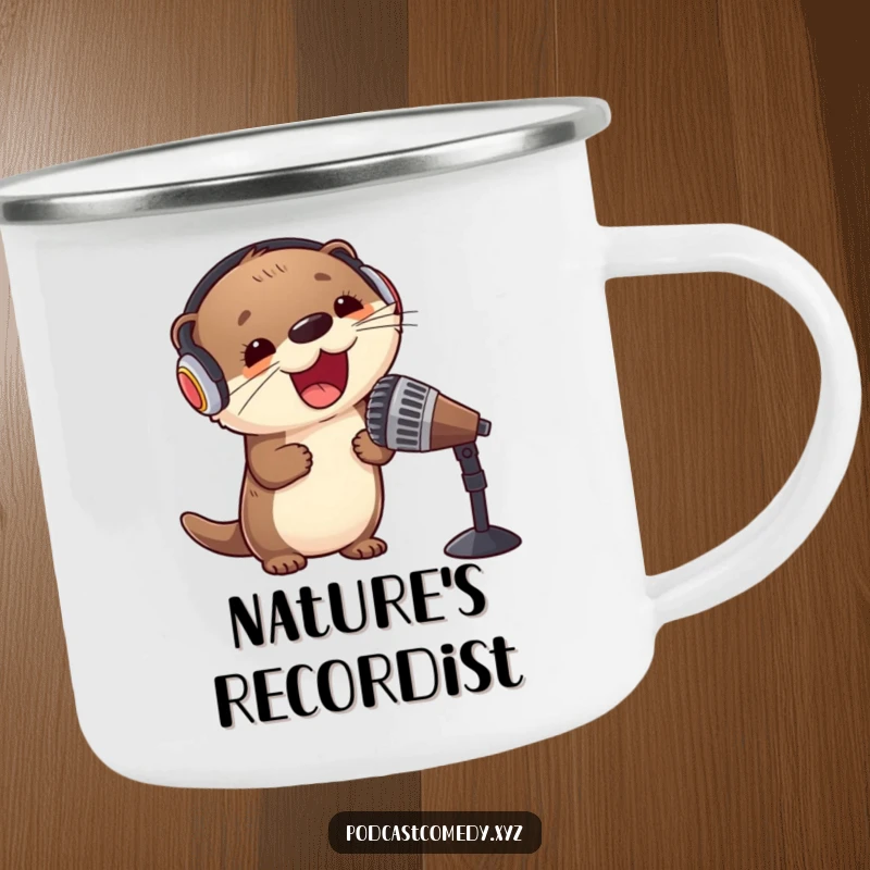Funny Kawaii Otter Camping Mug: Cute otter with headphones and microphone, ready for outdoor adventures and music.