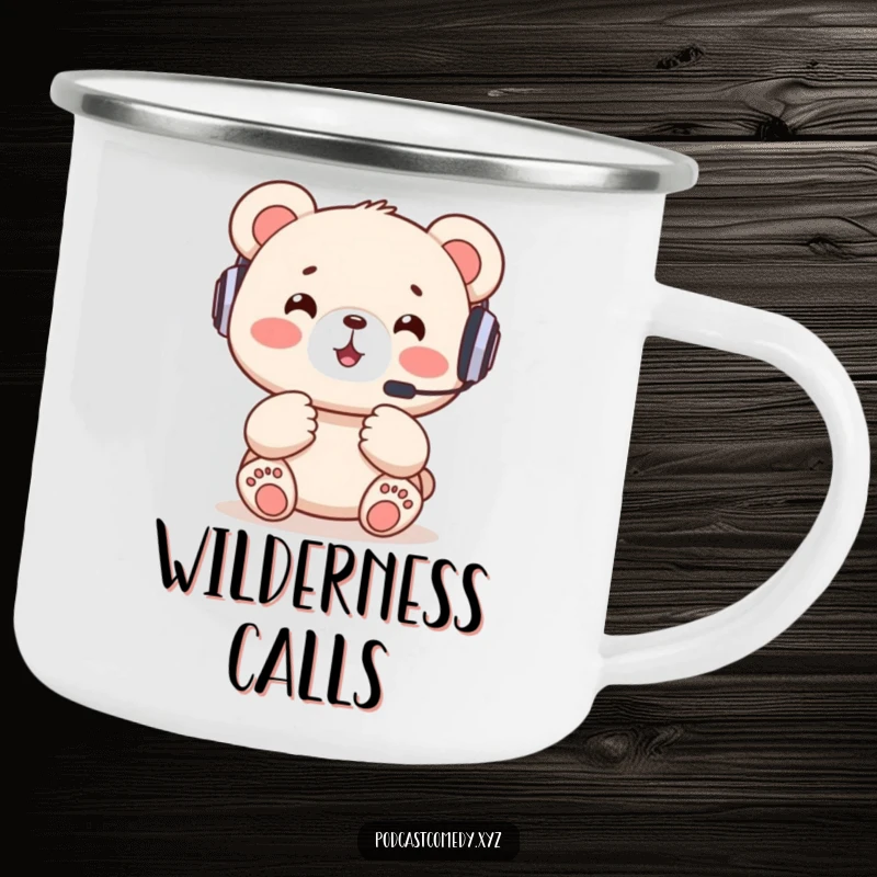 Funny Kawaii Bear Camping Mug: Happy bear cub with headset, excitedly gesturing, ready for outdoor gaming adventures.