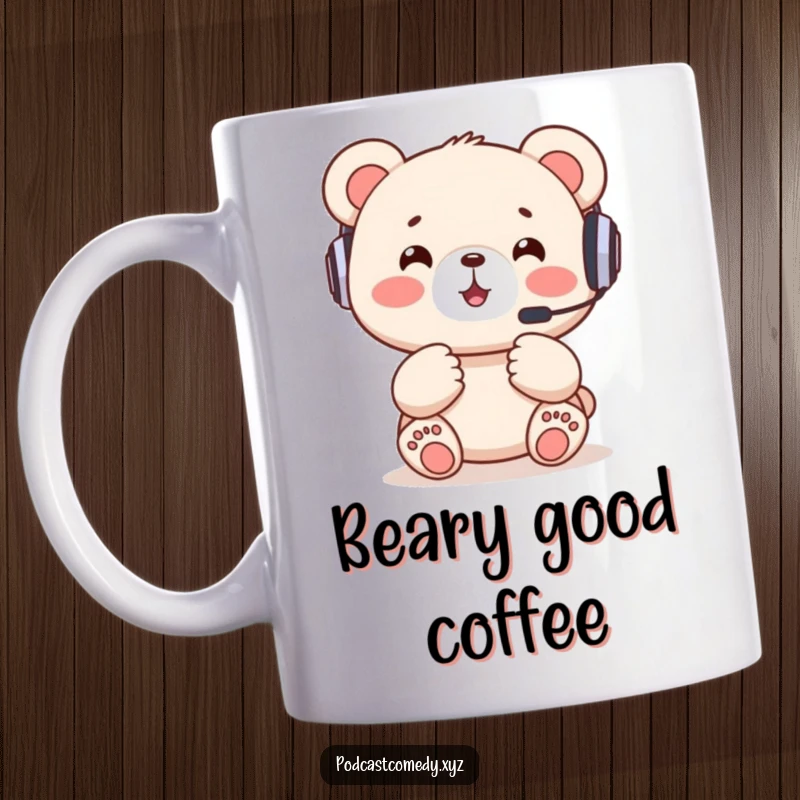 Funny Kawaii Bear Gamer Mug: Happy bear cub wearing a headset, excitedly gesturing, ready for gaming fun.