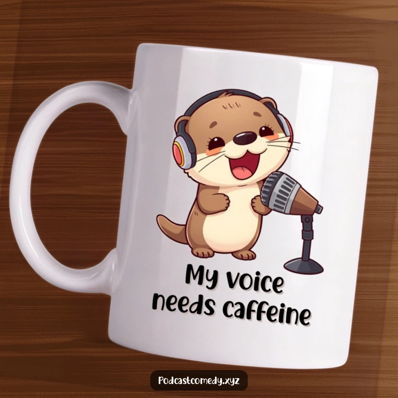 Funny Kawaii Otter DJ Mug: Cute otter with headphones leaning into microphone, ready to spin tunes, perfect gift.