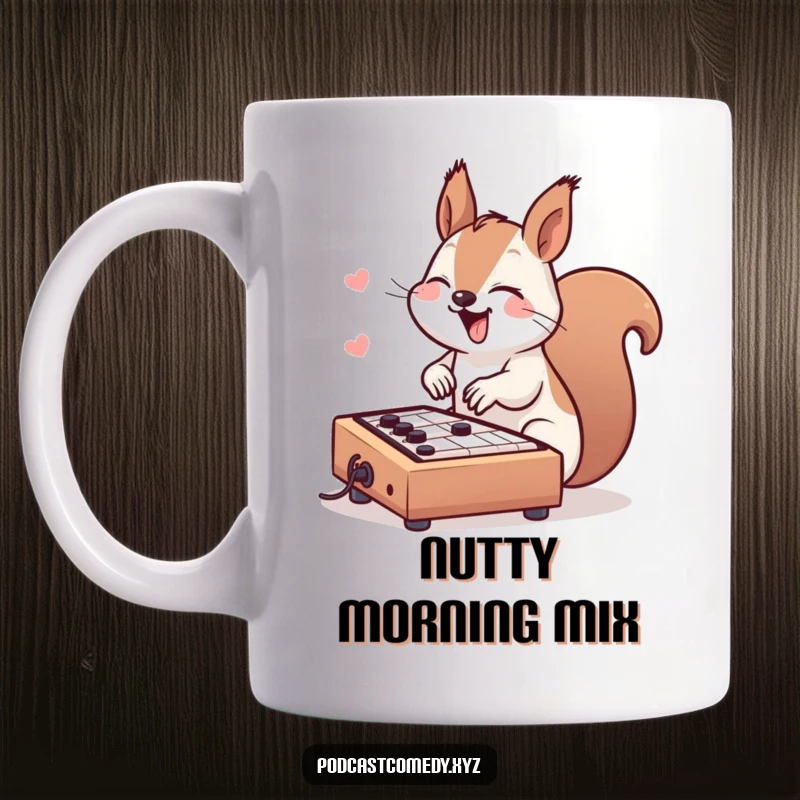 Funny Kawaii Squirrel DJ Mug: Giggling squirrel enthusiastically tapping a miniature soundboard, ready to mix music.