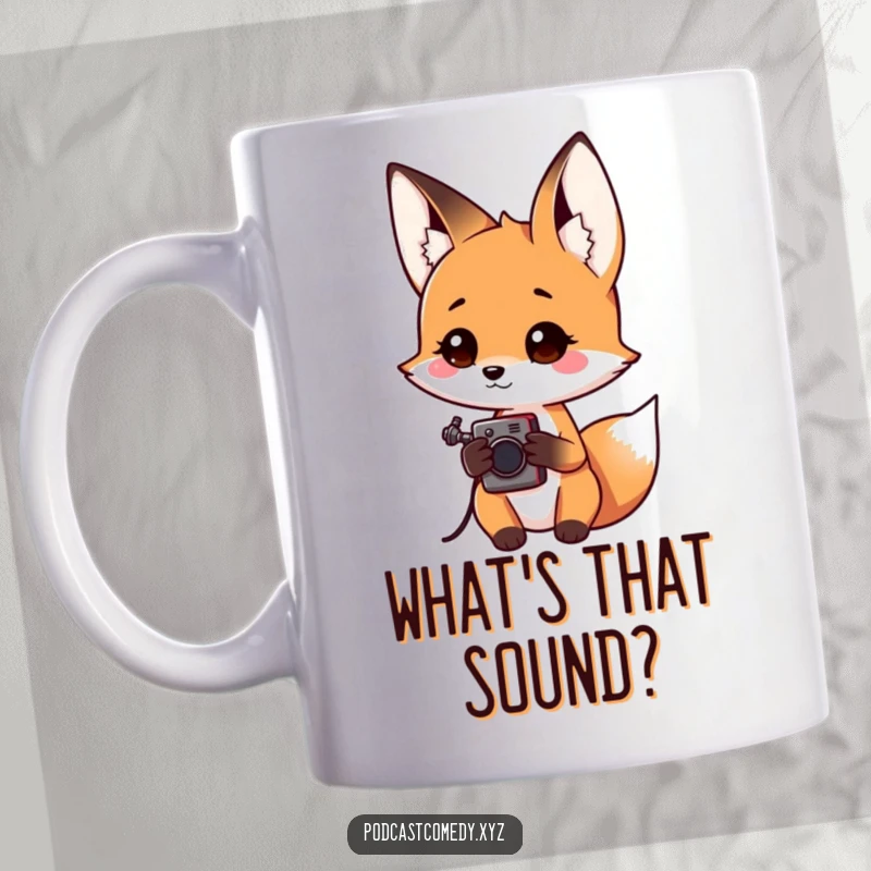 Funny Kawaii Fox Reporter Mug: Curious fox tilting its head, holding a small audio recorder, ready to investigate.