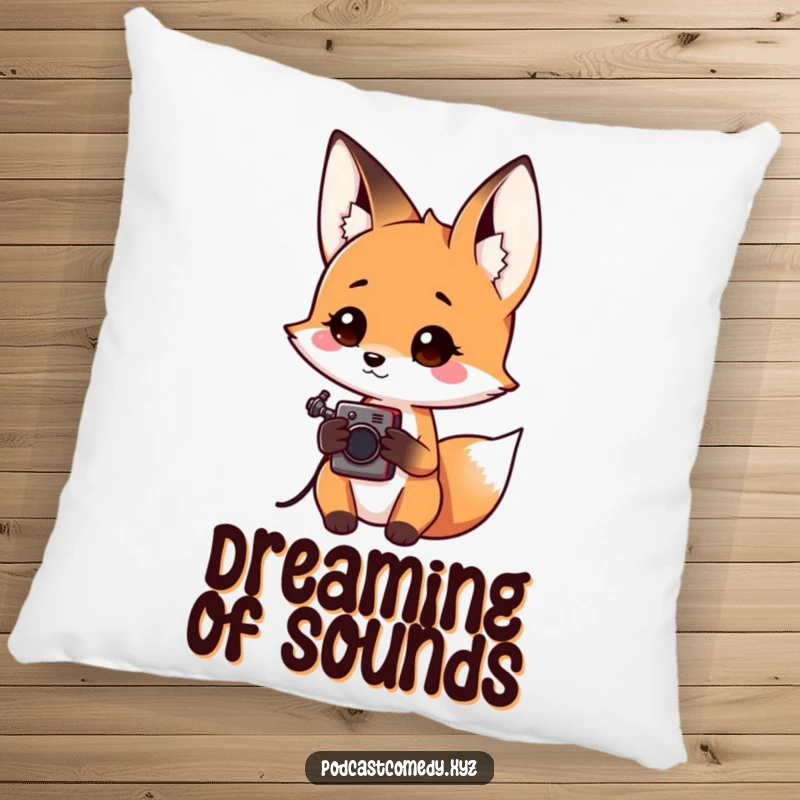 Funny Kawaii Fox Pillow: Soft pillow featuring a cute fox holding an audio recorder, ideal for curious minds.