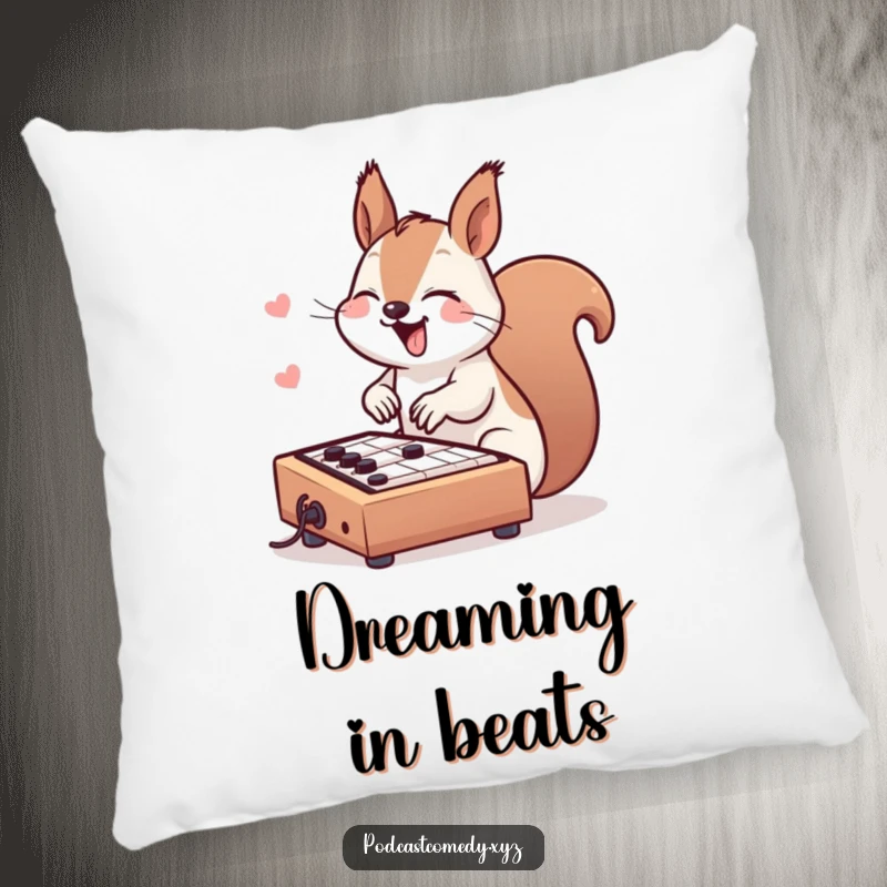 Funny Kawaii Squirrel Pillow: Soft pillow featuring a cute squirrel tapping a soundboard, ideal for music producers.