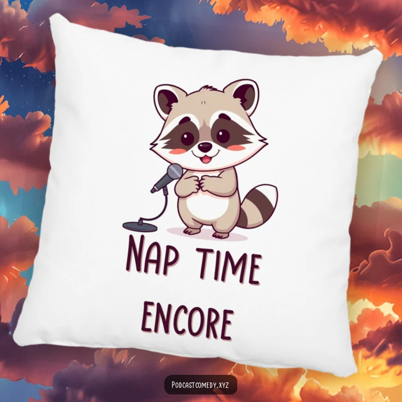 Funny Kawaii Raccoon Pillow: Soft pillow featuring a cute raccoon holding a microphone stand, ideal for music enthusiasts.