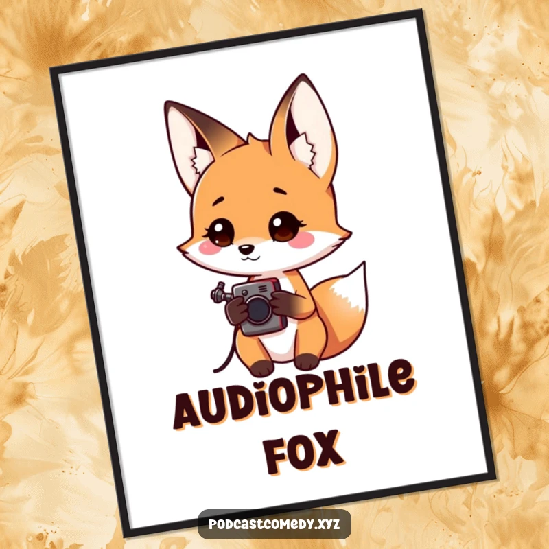 Funny Kawaii Fox Digital Art Print: Curious fox with audio recorder, perfect for curiosity-themed decor.