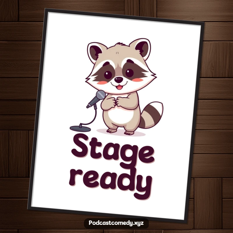 Funny Kawaii Raccoon Digital Art Print: Playful raccoon with a mic stand, ready to perform. Perfect for music-themed decor.