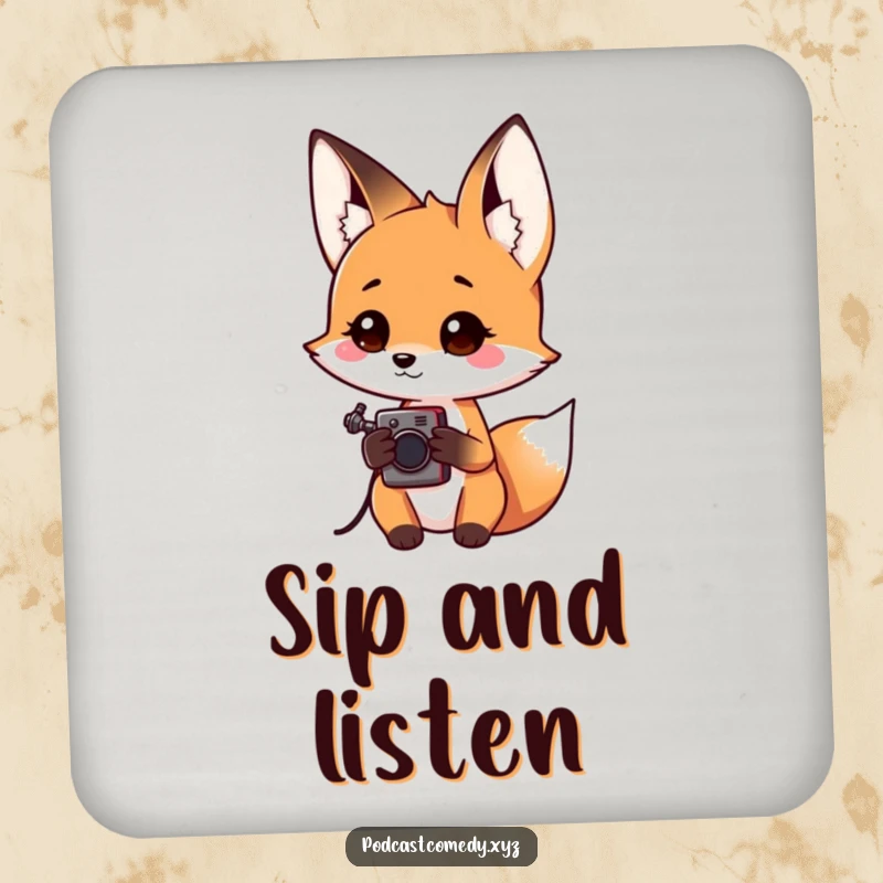 Funny Kawaii Fox Drink Coaster: Curious fox holding an audio recorder, adding investigative charm to surfaces.