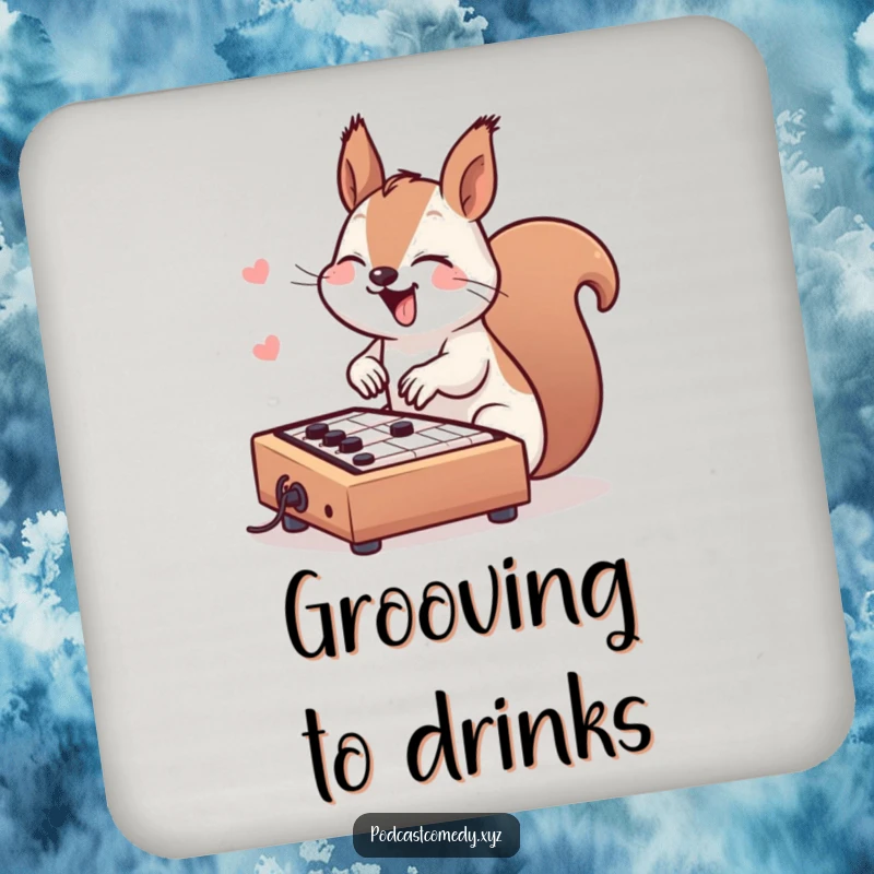 Funny Kawaii Squirrel Drink Coaster: Cute squirrel joyfully tapping a soundboard, adding DJ flair to surfaces.