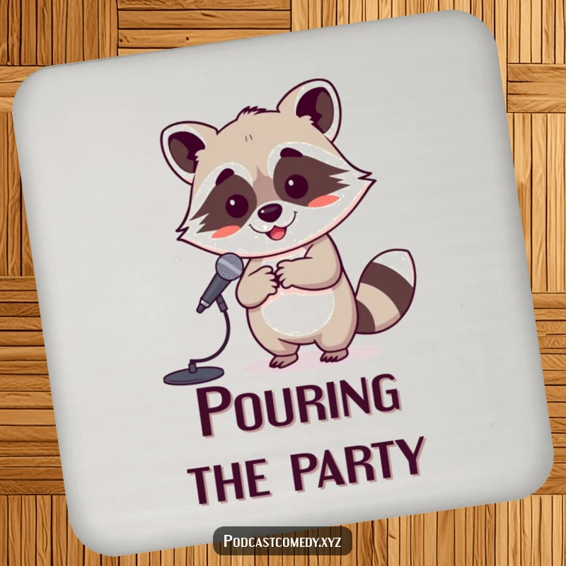 Funny Kawaii Raccoon Drink Coaster: Cute raccoon holding a tiny microphone stand, adding performance flair to surfaces.
