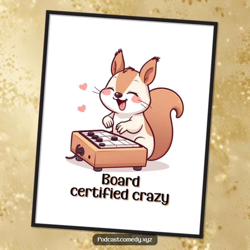 Funny Kawaii Squirrel Poster: Giggling squirrel enthusiastically tapping a miniature soundboard, adding music production flair to walls.