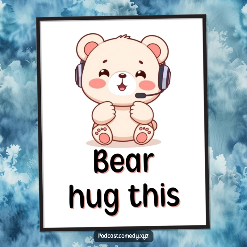 Funny Kawaii Bear Poster: Happy bear cub wearing a headset, excitedly gesturing paws, perfect for gaming room decor.