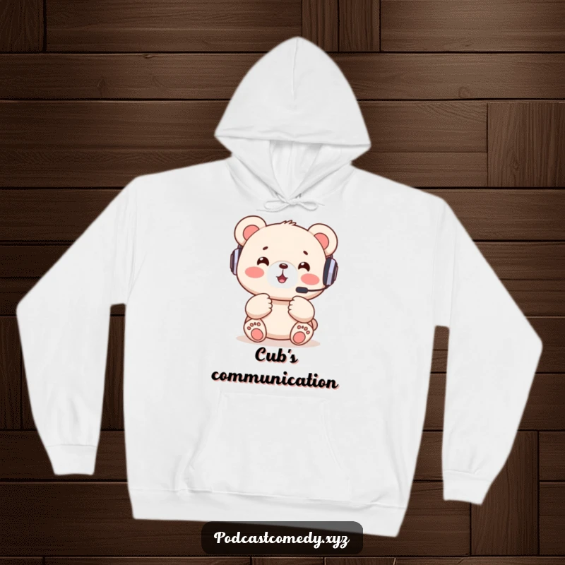 Funny Kawaii Bear Hoodie: Adorable bear cub with a headset, excitedly gesturing, perfect for cozy gaming sessions.