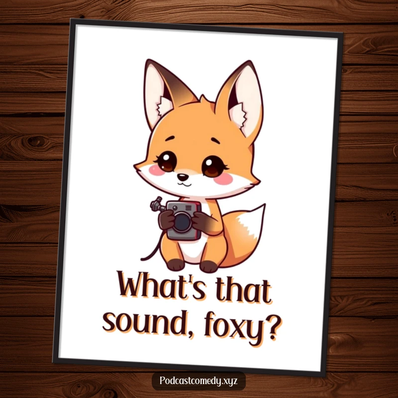 Funny free printable wall art: a kawaii fox tilting its head inquisitively, holding a small audio recorder, capturing interesting sounds.