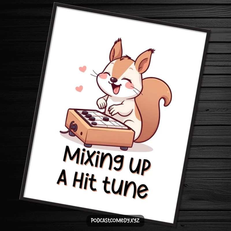 Funny free printable wall art: a joyfully giggling kawaii squirrel enthusiastically tapping on a miniature soundboard, lost in the music.