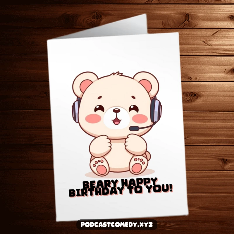 Funny free printable birthday card: a happy kawaii bear cub wearing a headset, excitedly gesturing with its paws, sending birthday wishes.