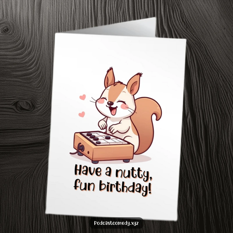 Funny free printable birthday card: a giggling kawaii squirrel joyfully tapping on a miniature soundboard, creating birthday sound effects.