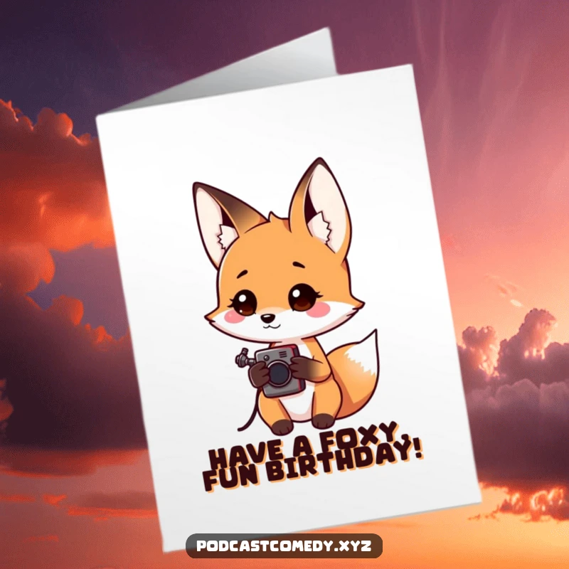 Funny free printable birthday card: a curious kawaii fox tilting its head, holding a small audio recorder, ready to capture birthday sounds.