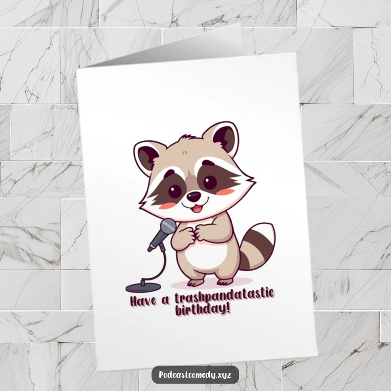 Funny free printable birthday card: a playful kawaii raccoon holding a tiny microphone stand, ready to sing a birthday tune with glee.