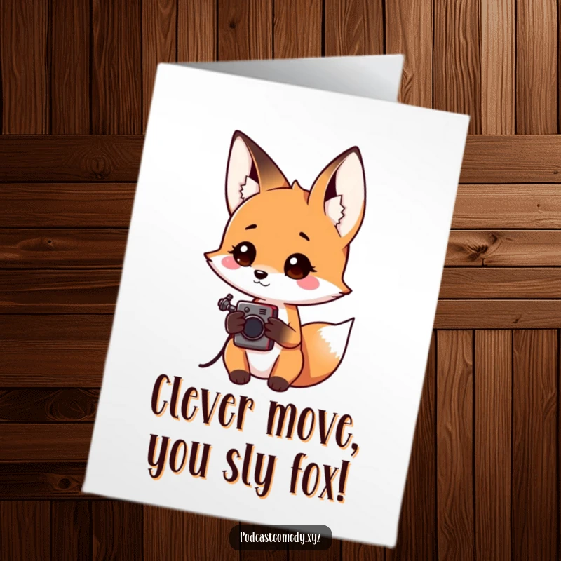 Free printable congratulations card: a kawaii fox curiously tilting its head, holding an audio recorder, documenting a big success.