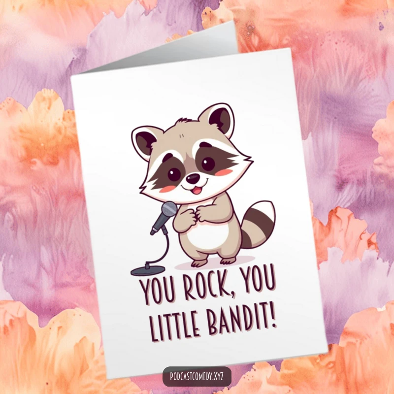 Free printable congratulations card: a bouncy kawaii raccoon holding a tiny microphone stand, singing enthusiastically to celebrate a success.