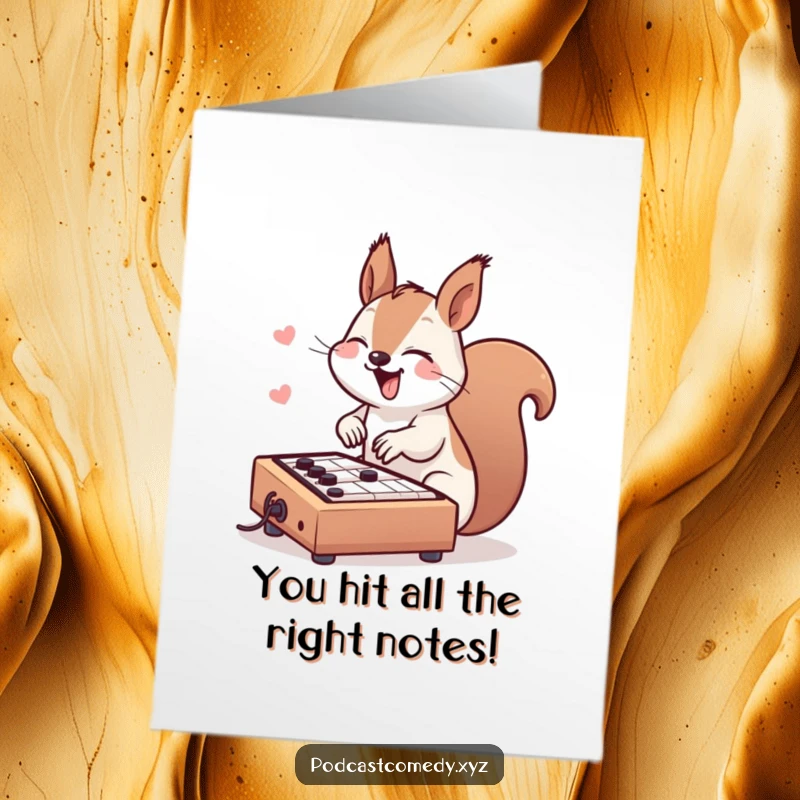 Free printable congratulations card: a happy kawaii squirrel enthusiastically tapping on a miniature soundboard, mixing celebratory beats.