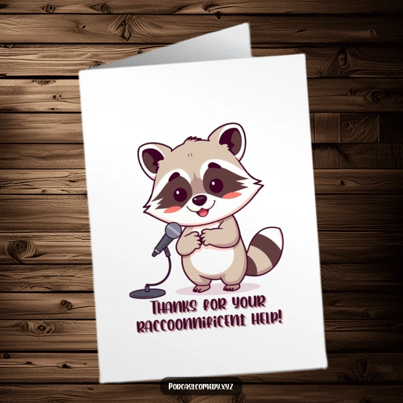 Funny free printable thank you card: a kawaii raccoon happily holding a tiny microphone stand, singing a song of thanks.