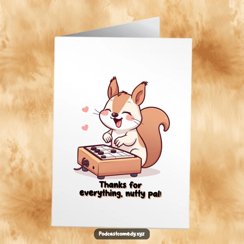 Funny free printable thank you card: a giggling kawaii squirrel joyfully tapping on a small soundboard, sending thank you soundwaves.