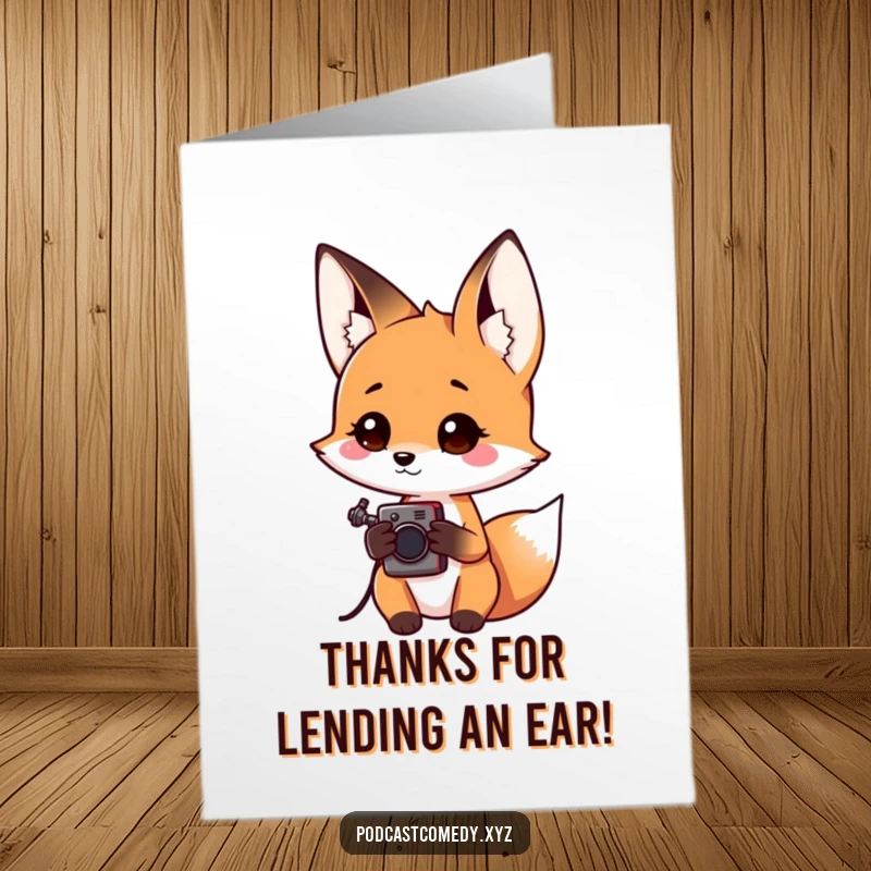 Funny free printable thank you card: a curious kawaii fox holding a small audio recorder, tilting head, capturing thank you thoughts.
