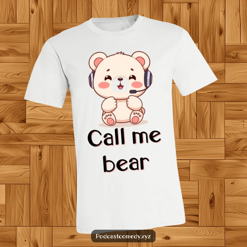 Funny Kawaii Bear Headset T-Shirt: Cute bear cub with a headset, excitedly gesturing paws, symbolizing gaming excitement.