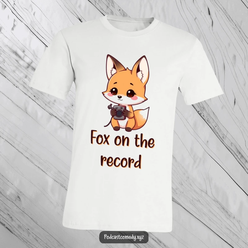 Funny Kawaii Fox Investigator T-Shirt: Cute fox holding an audio recorder, tilting its head, symbolizing curiosity and investigation.