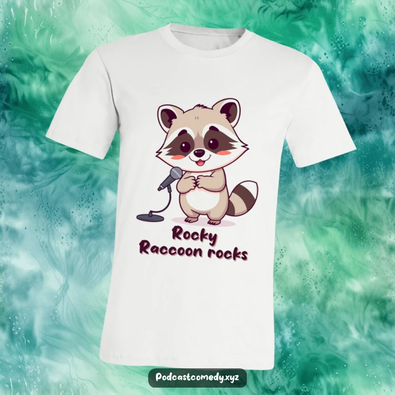 Funny Kawaii Raccoon Performer T-Shirt: Cute raccoon with a mini mic stand, full of joy and ready to perform.