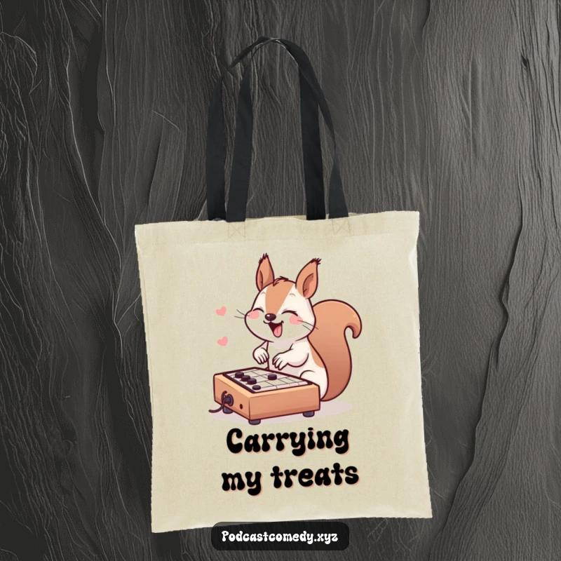Funny Kawaii Squirrel Tote Bag: Cute squirrel joyfully tapping a soundboard, ideal for carrying music production gear.