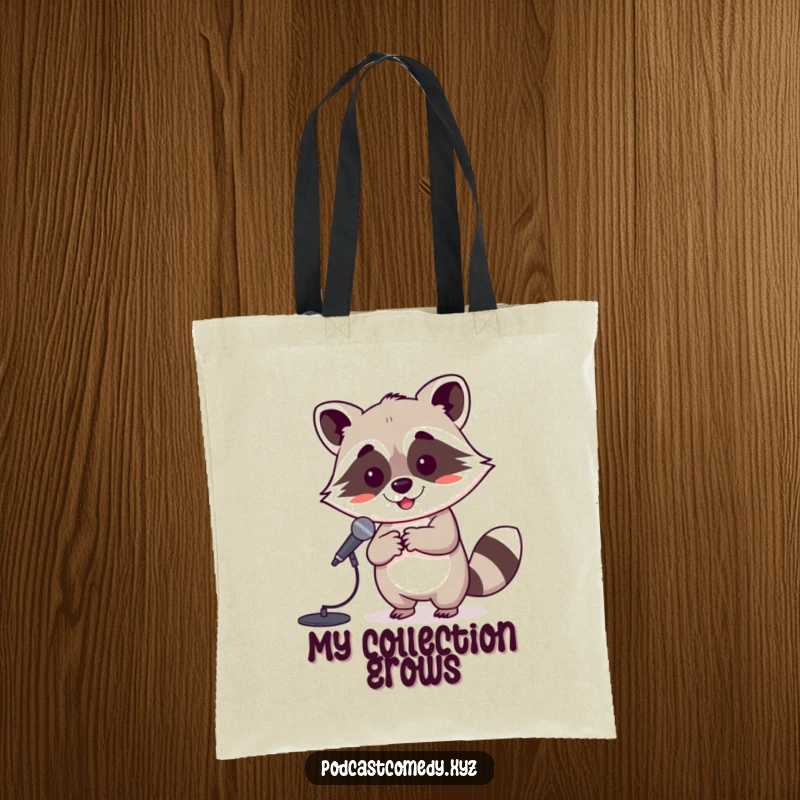 Funny Kawaii Raccoon Tote Bag: Playful raccoon holding a tiny microphone stand, perfect for carrying music essentials.